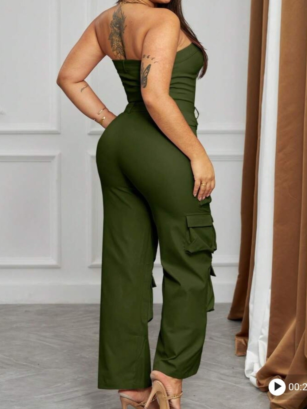 Strapless Olive Green Cargo Jumpsuit for Women - Picture 2 of 7